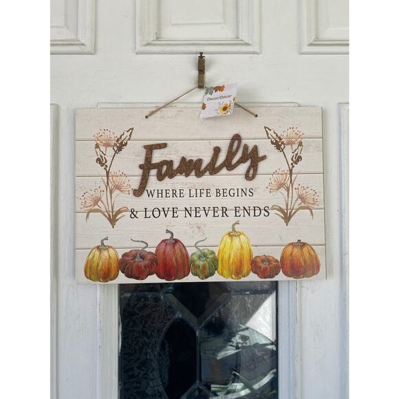 Family Where Life Begins and Love Never Ends Wooden Fall Pumpkin Sign Decor - Picture 1 of 3
